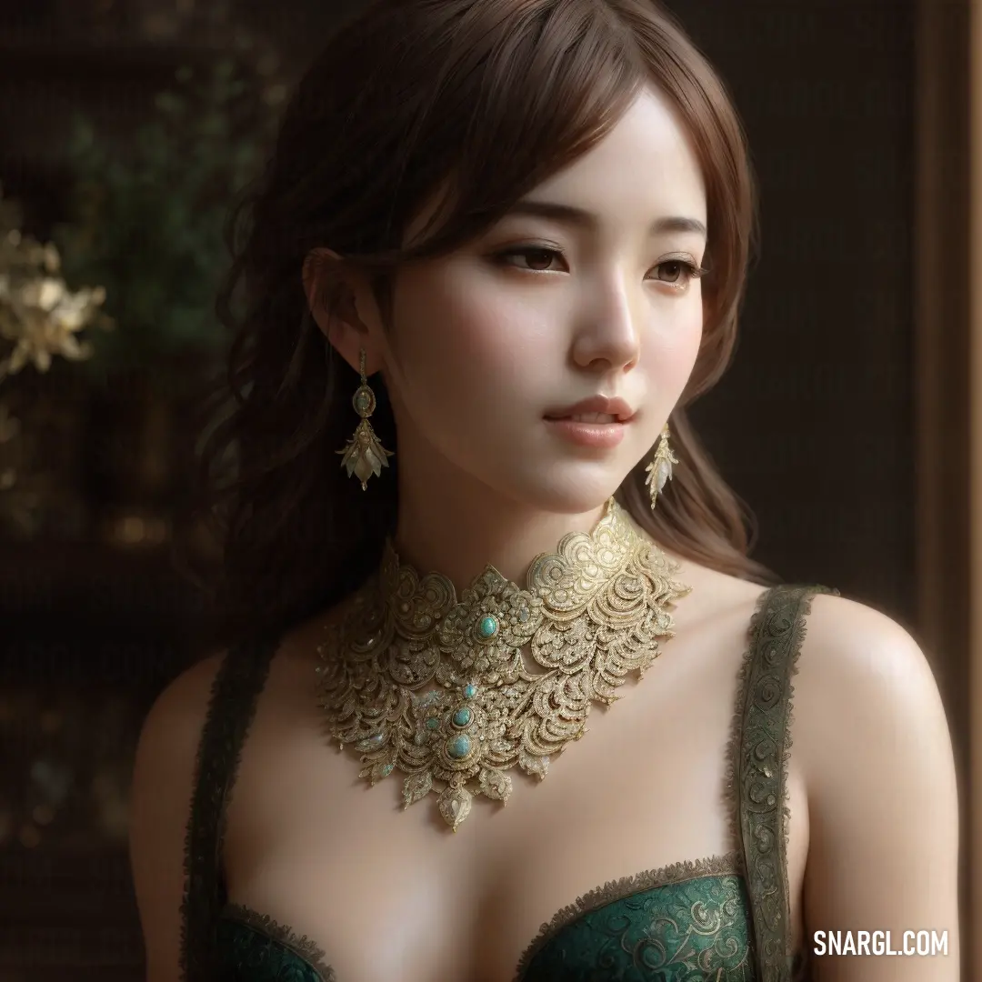 Woman wearing a green bra with a gold necklace and earrings on her neck and chest
