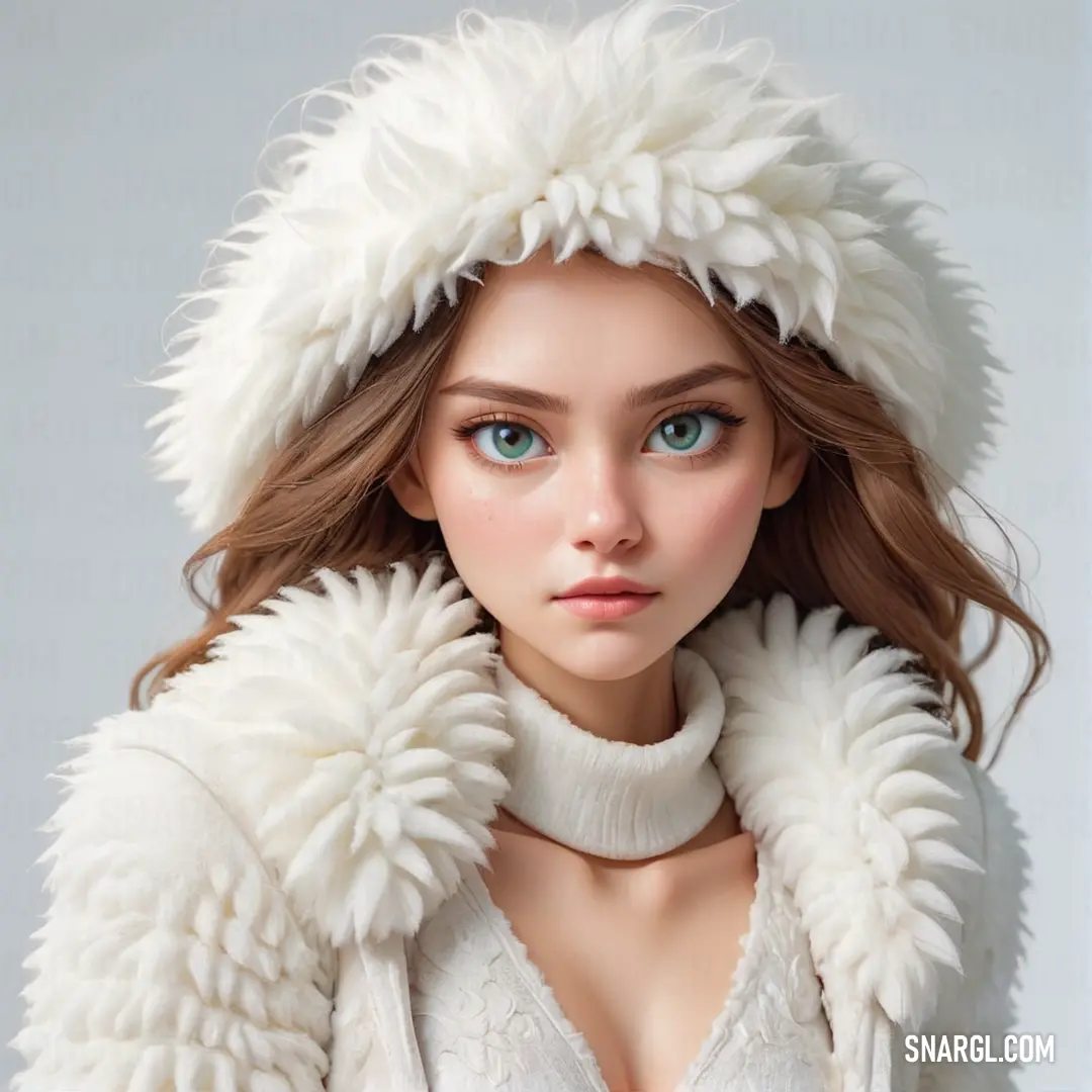 Doll with a fur hat and sweater on it's head and a sweater on her shoulders