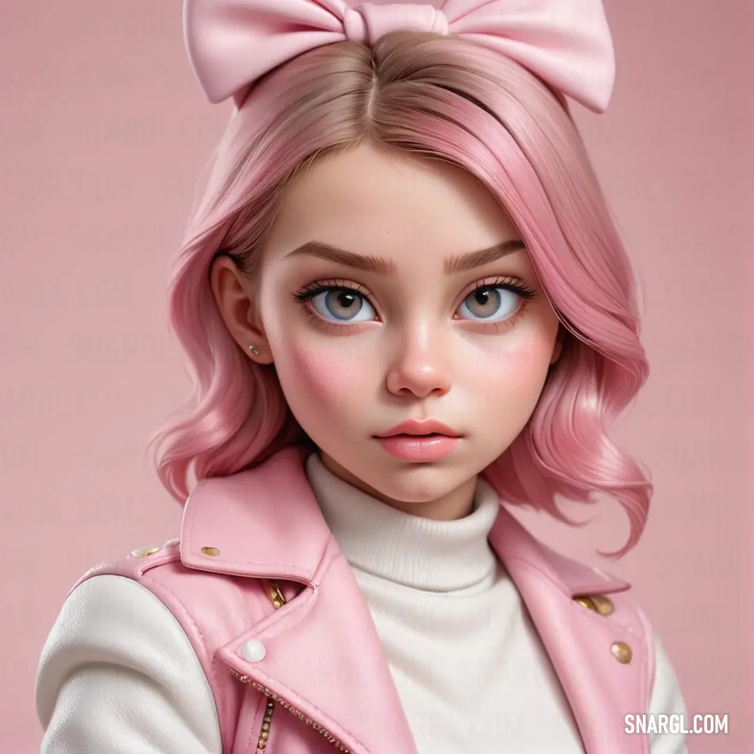 Girl with pink hair and a pink bow on her head is wearing a pink jacket and a white turtle neck
