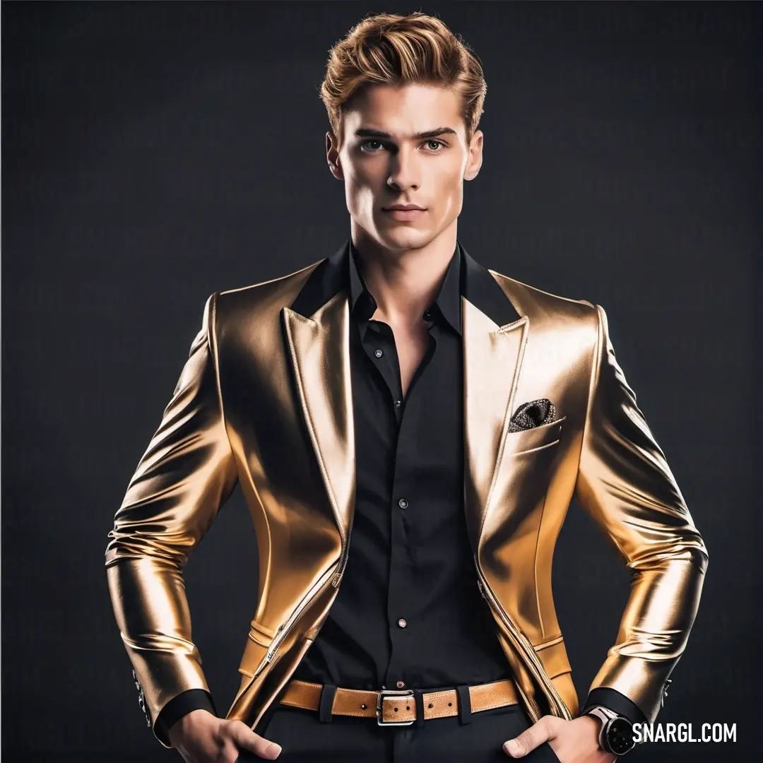 Man in a gold suit posing for a picture with his hands on his hips