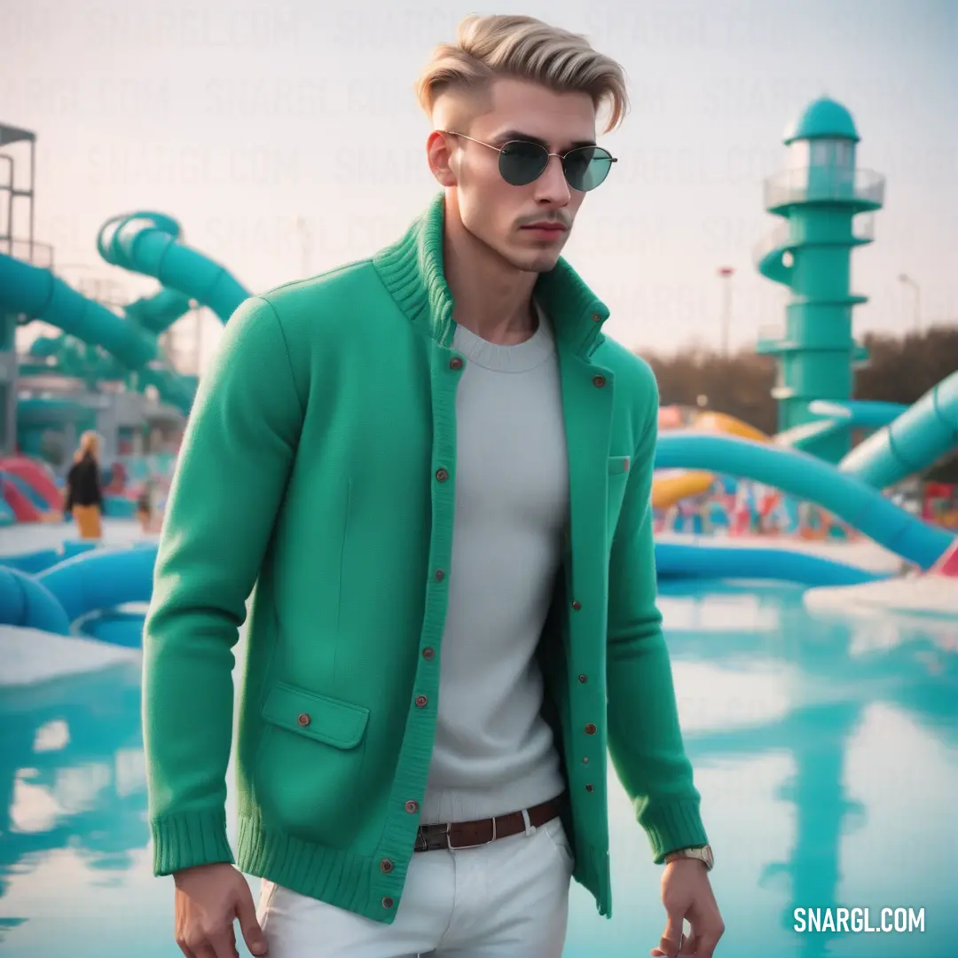Man in a green jacket and sunglasses standing in front of a pool with a slide in the background