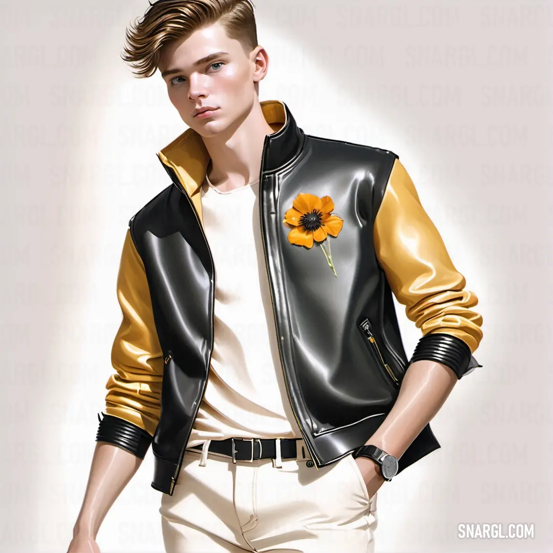 Man in a leather jacket and white pants with a flower on his lapel and a black