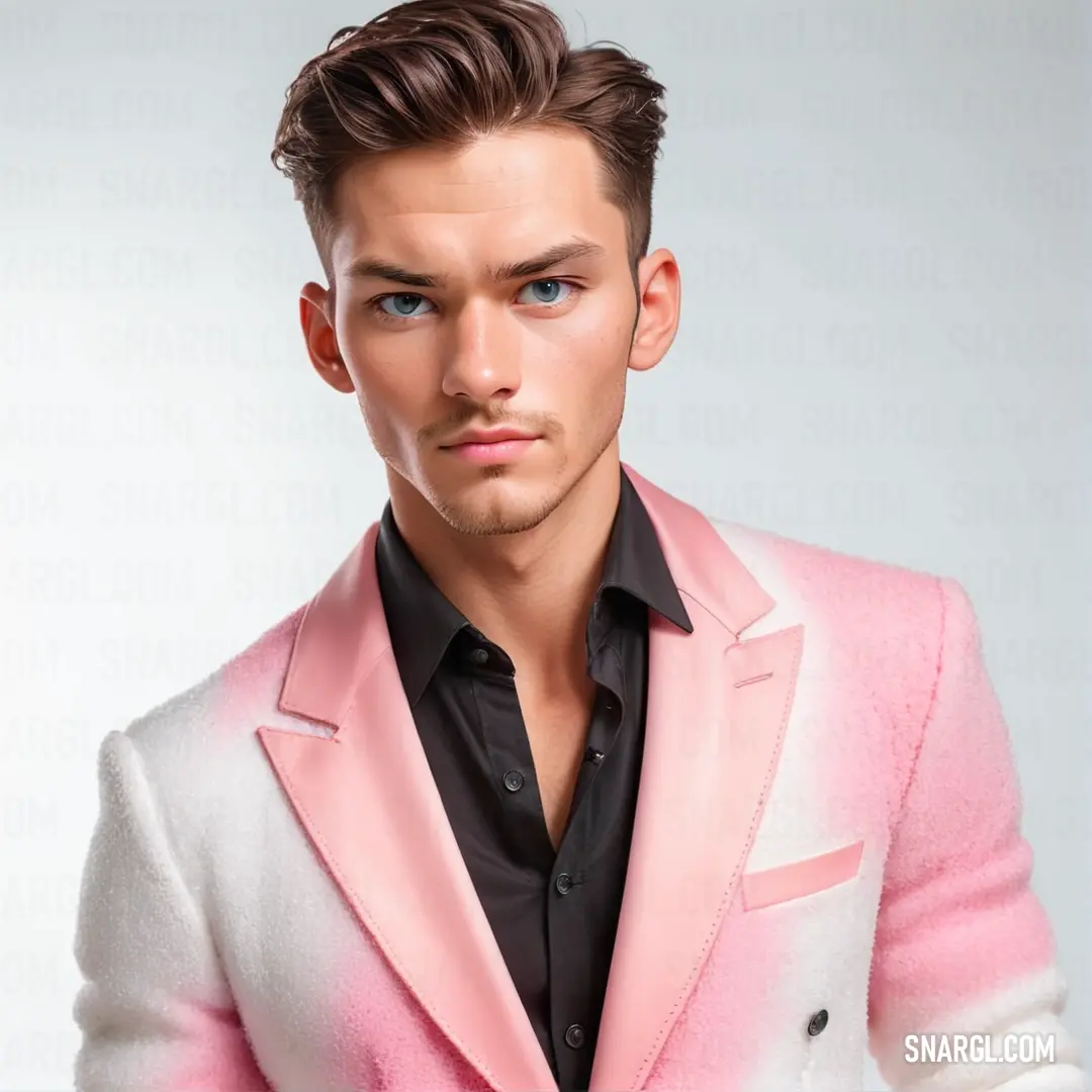Man in a pink suit and black shirt is posing for a picture with his hands in his pockets