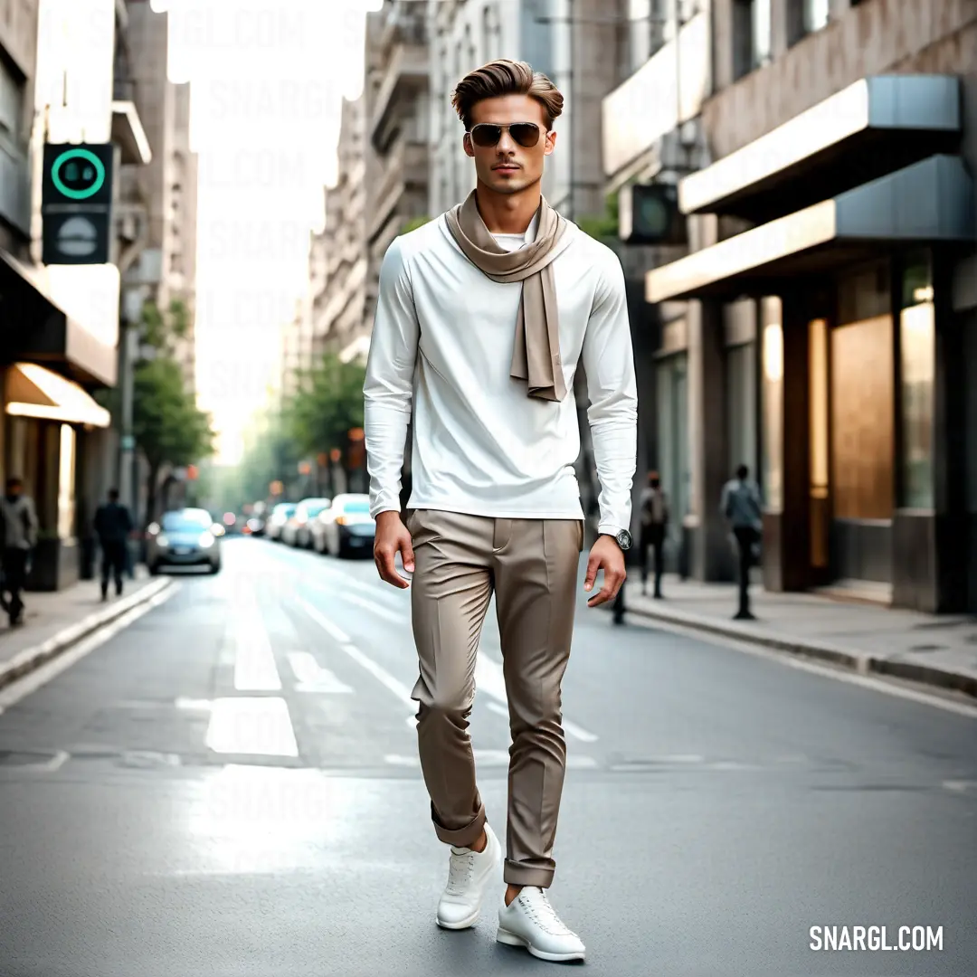 Man in a white sweater and tan pants is walking down the street with a scarf around his neck