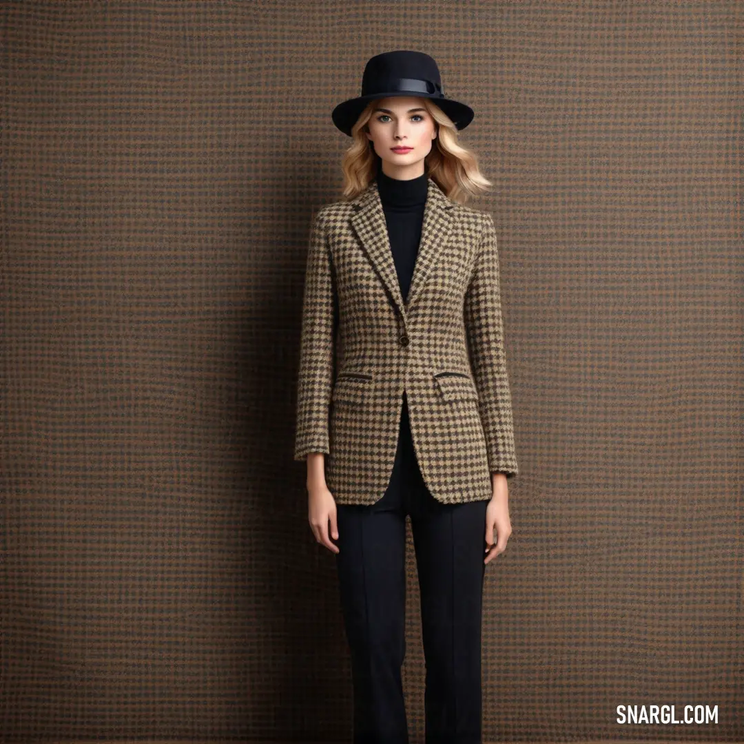 Woman in a black hat and a brown jacket and pants and a brown wall