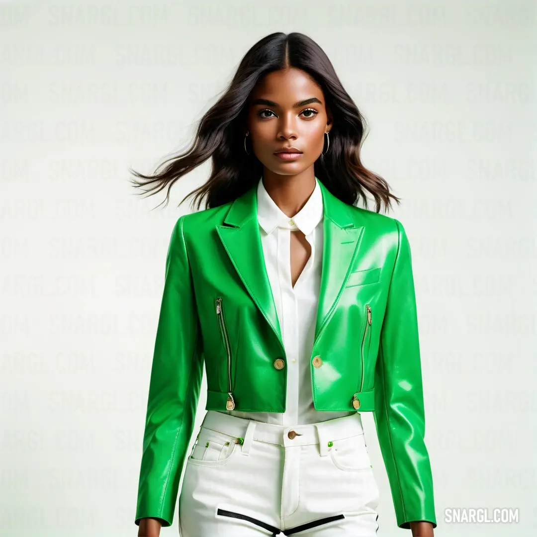 Woman in a green jacket and white pants is posing for a picture with her hair in the wind