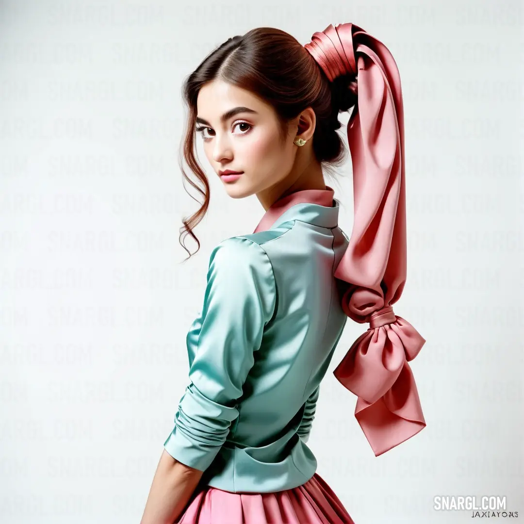 Woman in a pink dress with a pink bow around her neck