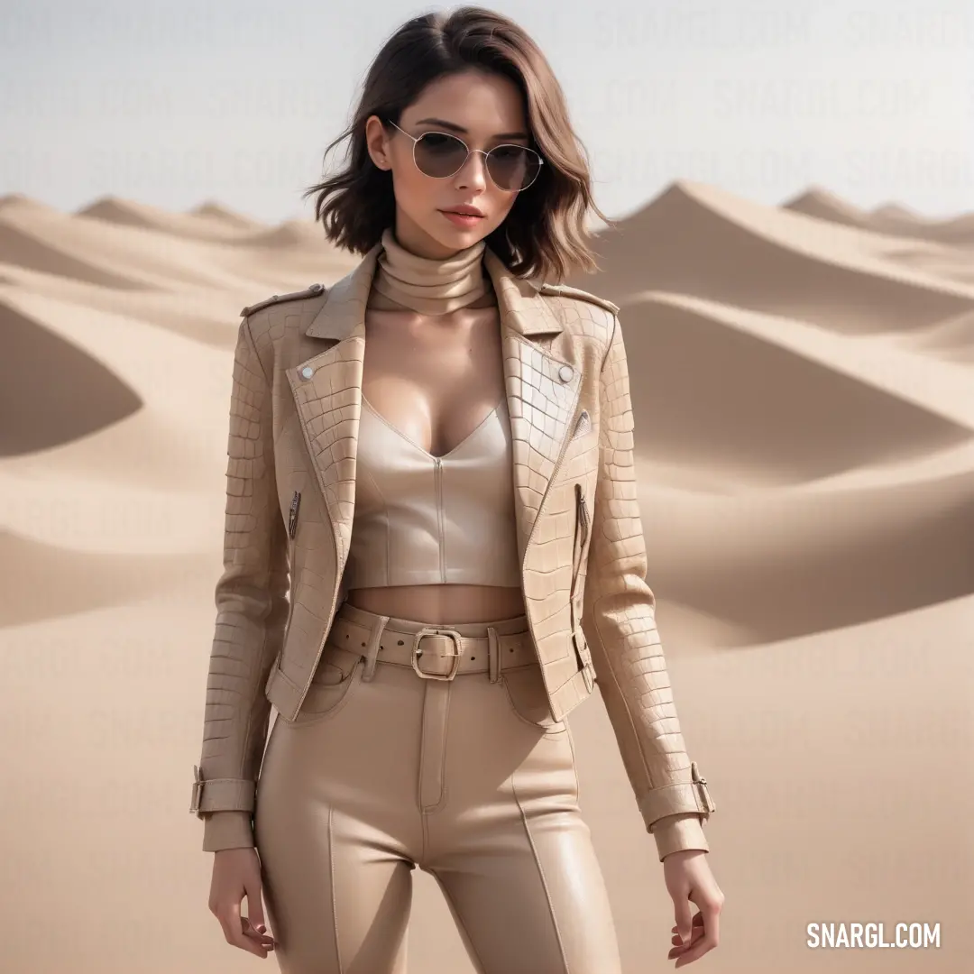 Woman in a tan outfit and sunglasses standing in the desert with sand dunes behind her