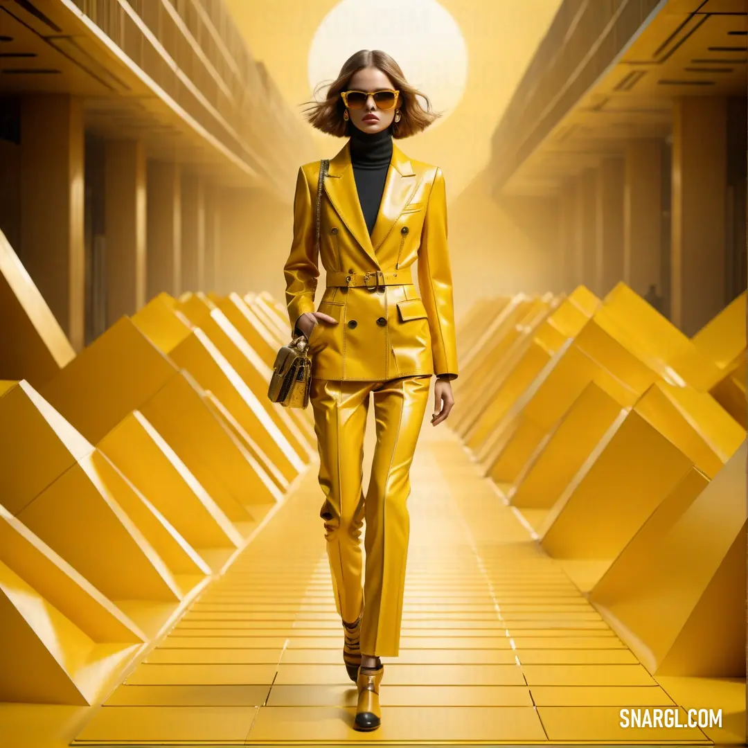 Woman in a yellow suit walking down a yellow hallway with a yellow background and a yellow light behind her