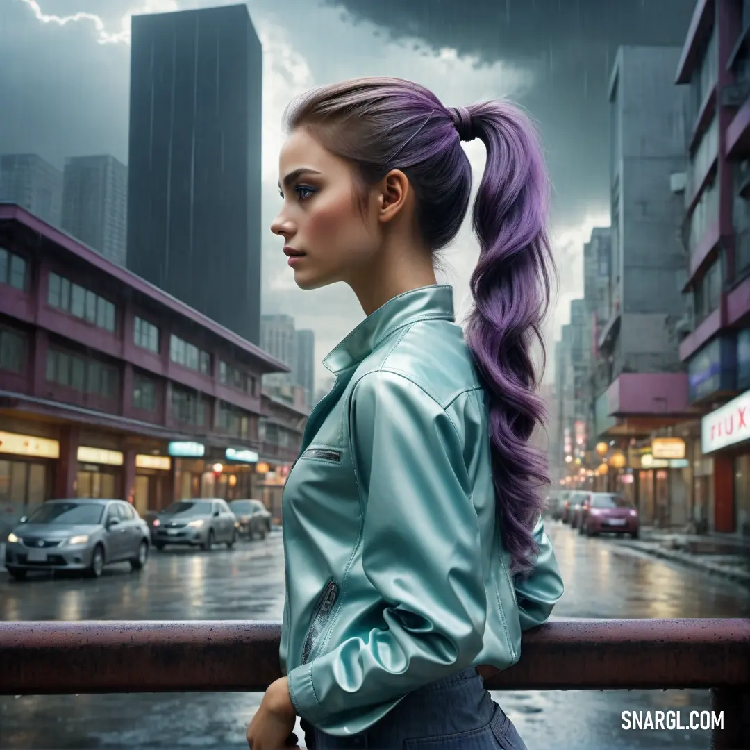 Woman with a ponytail standing on a street corner in the rain with a city in the background