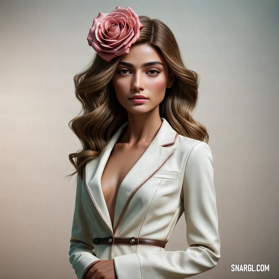 Woman with a rose in her hair wearing a white suit