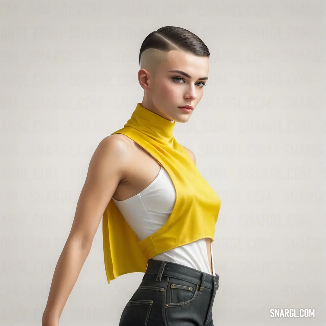 Woman with a shaved head wearing a yellow top and black pants and a white top