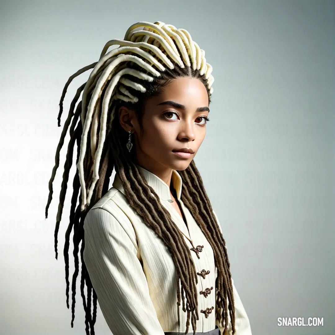 Woman with dreadlocks standing in front of a white background