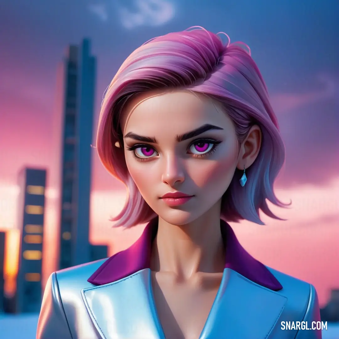 Woman with pink hair and a purple jacket in front of a city skyline at night