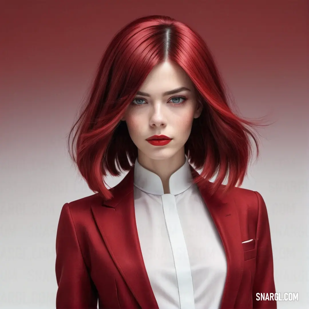 Woman with red hair and a red suit jacket on