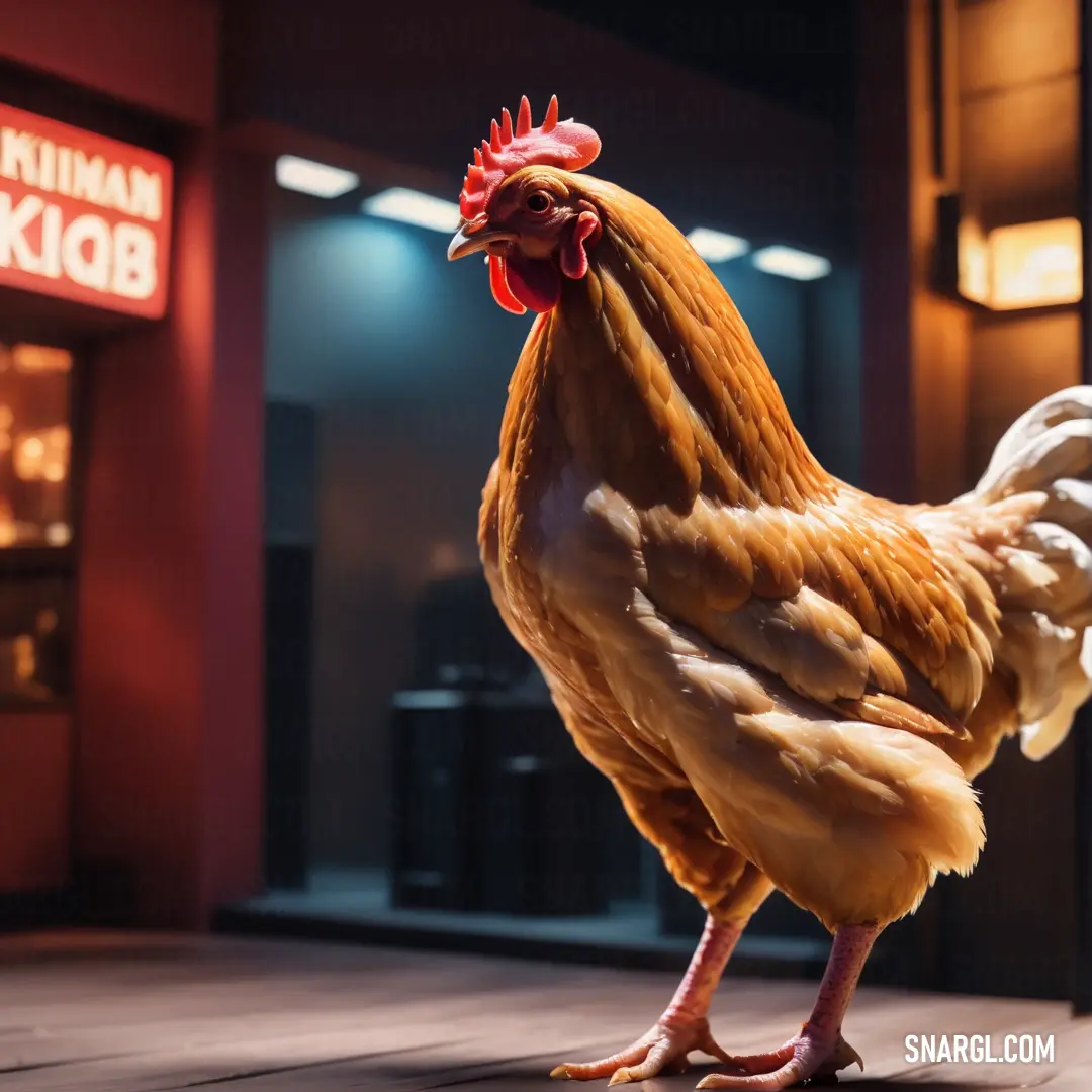 Chicken standing on a wooden floor in a building with a red light on the side of it's face