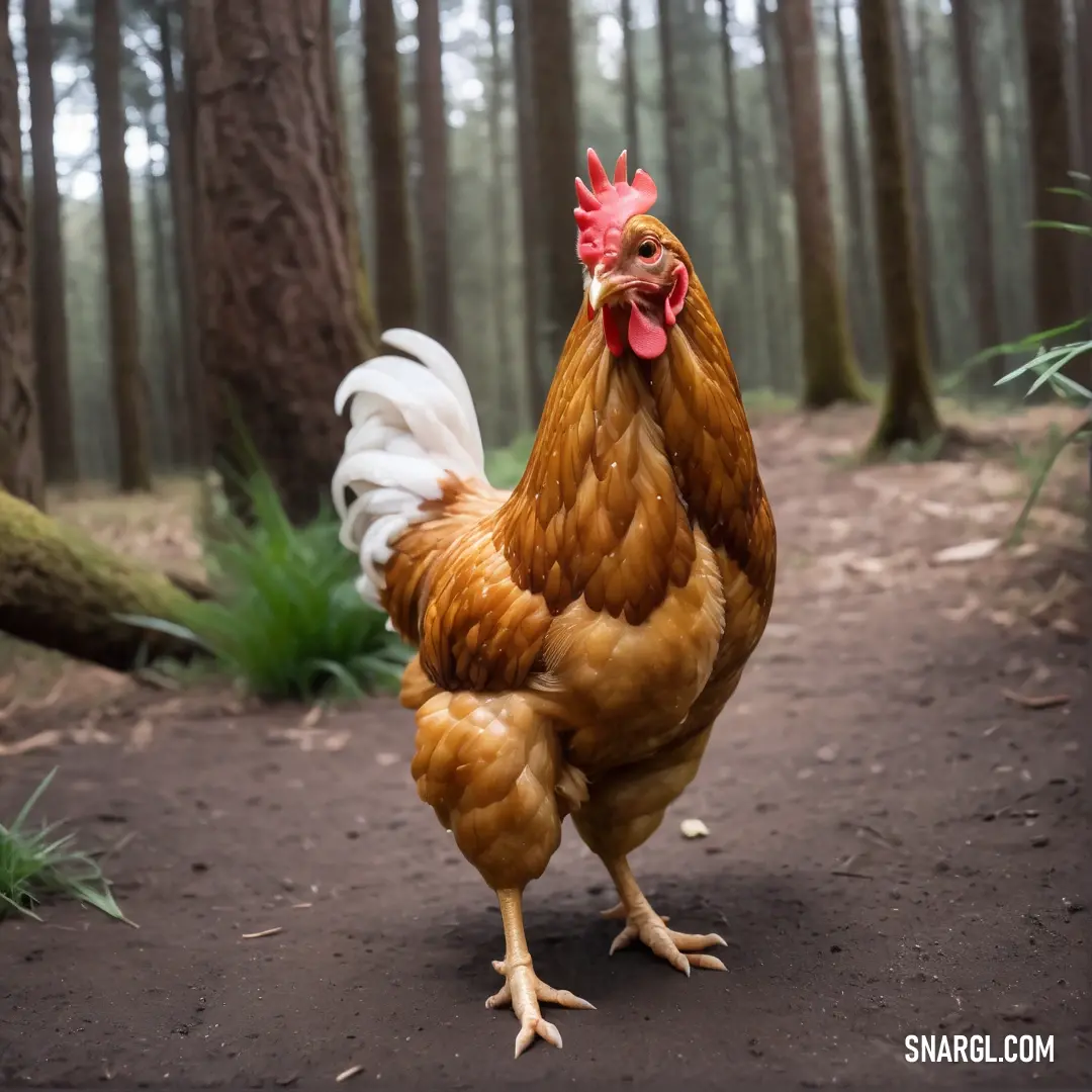 Rooster is standing in the middle of a forest path with trees in the background