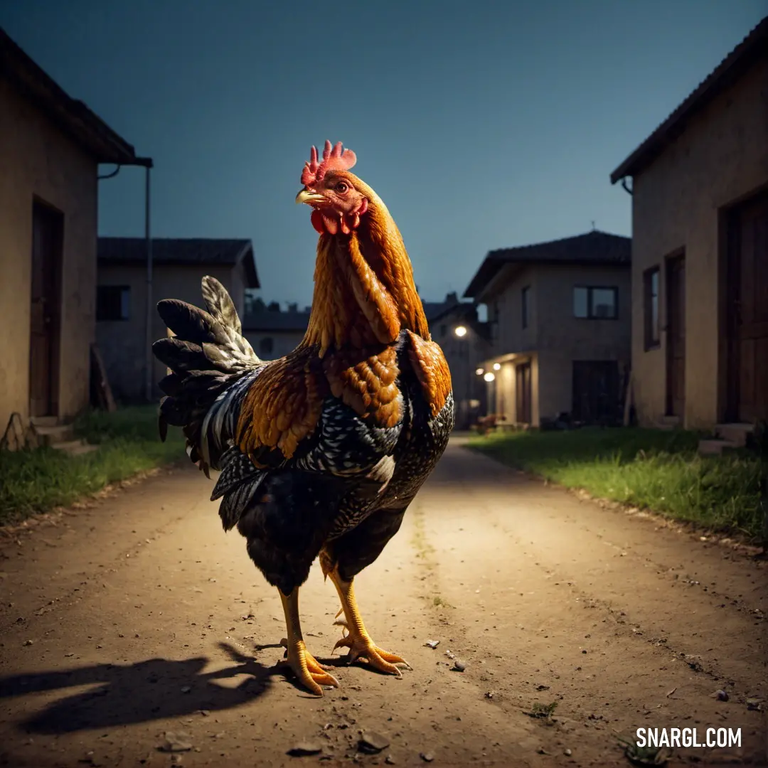Rooster standing on a dirt road in front of a house at night with a light on its head