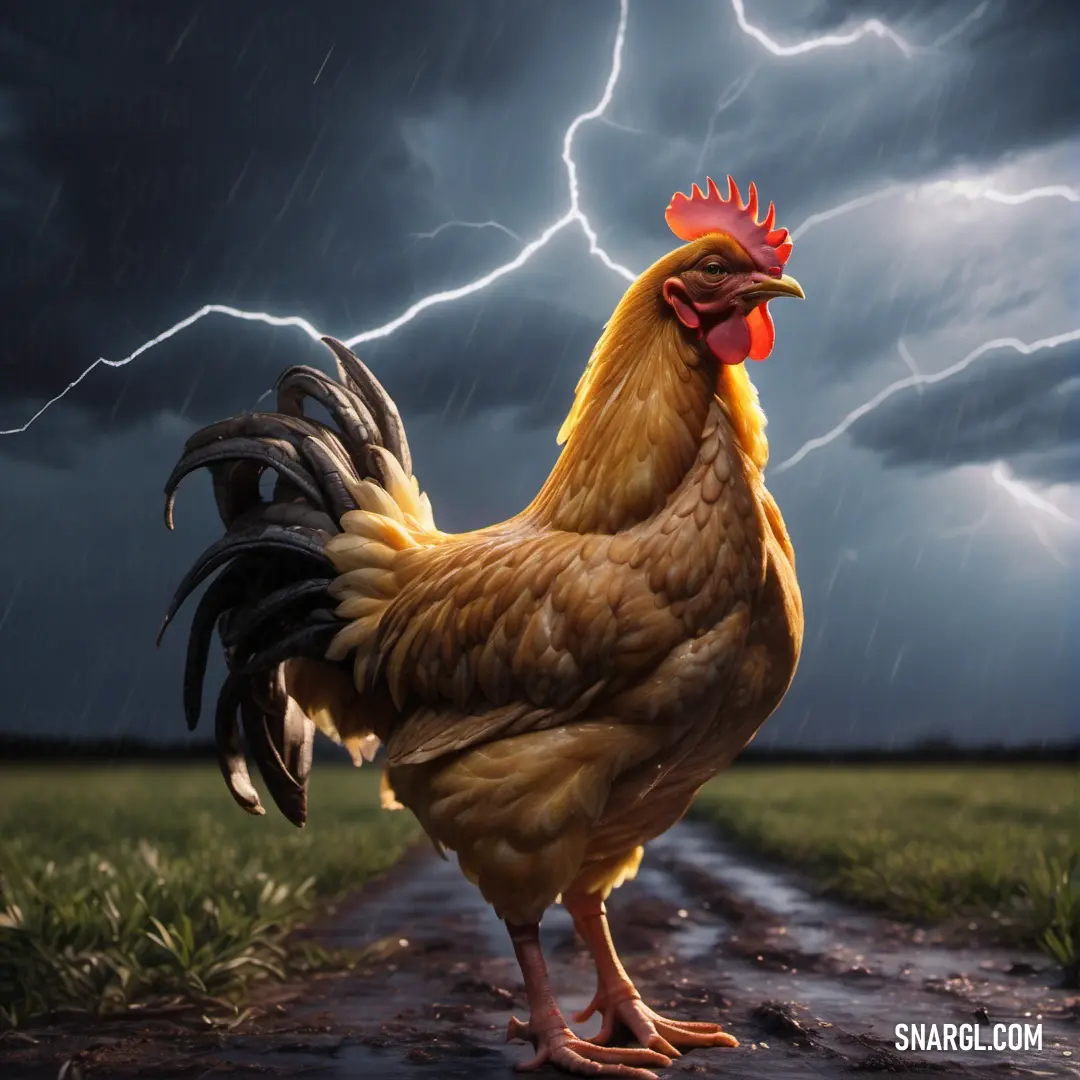 Rooster standing on a dirt road under a storm with lightning in the background