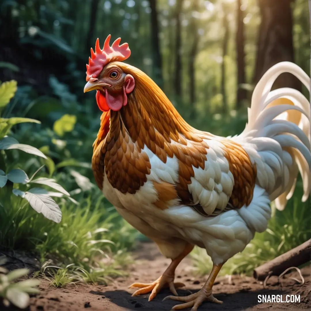 Rooster standing on a dirt road in the woods with grass and trees in the background
