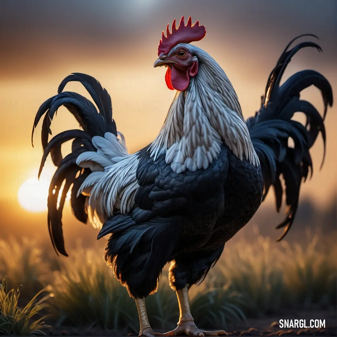Rooster standing on a field of grass at sunset with the sun in the background