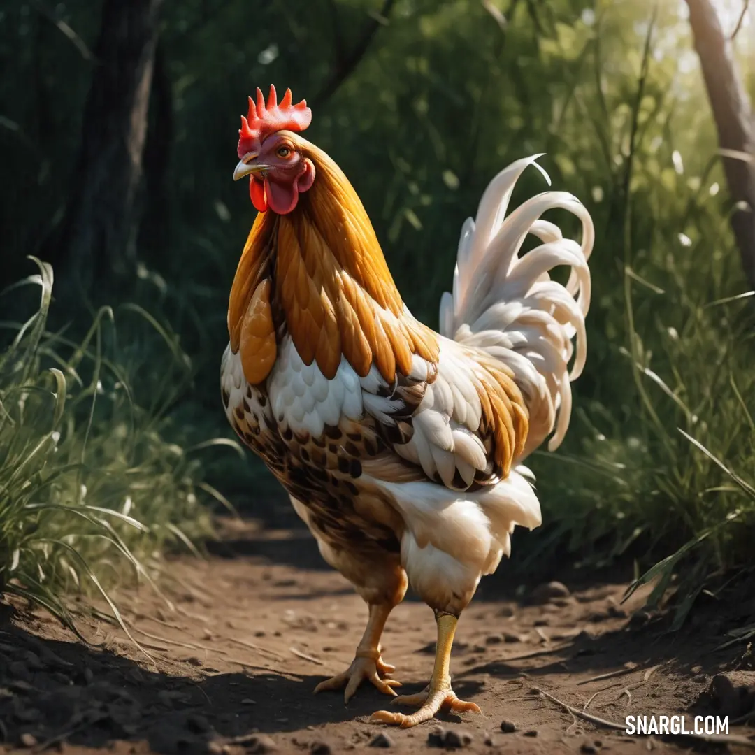 Rooster with a red comb and white feathers walking on a dirt road in the woods with tall grass