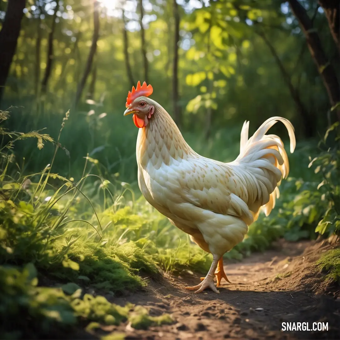 White rooster walking down a dirt road in the woods with tall grass and trees in the background