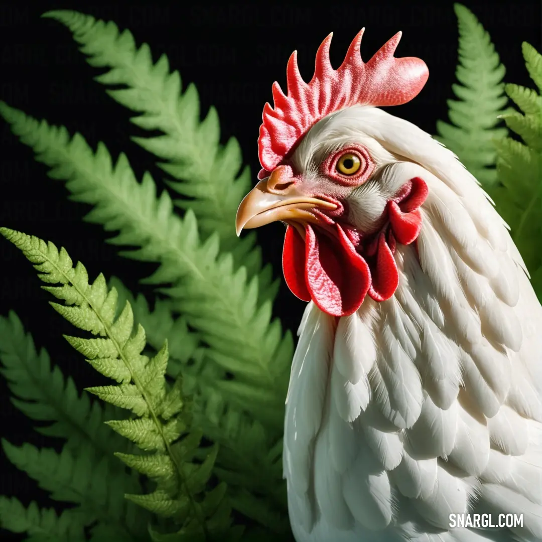 White rooster with a red comb and a green fern leaf behind it on a black background