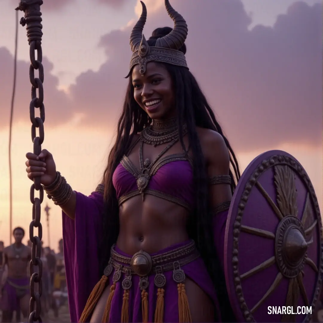 A heroic figure in a detailed costume holding a sword and horned shield, poised for action in an epic adventure. A character wearing an intricate costume with a dramatic design, holding a large sword in one hand and a shield adorned with sharp horns in the other, ready for battle in a mythical landscape.