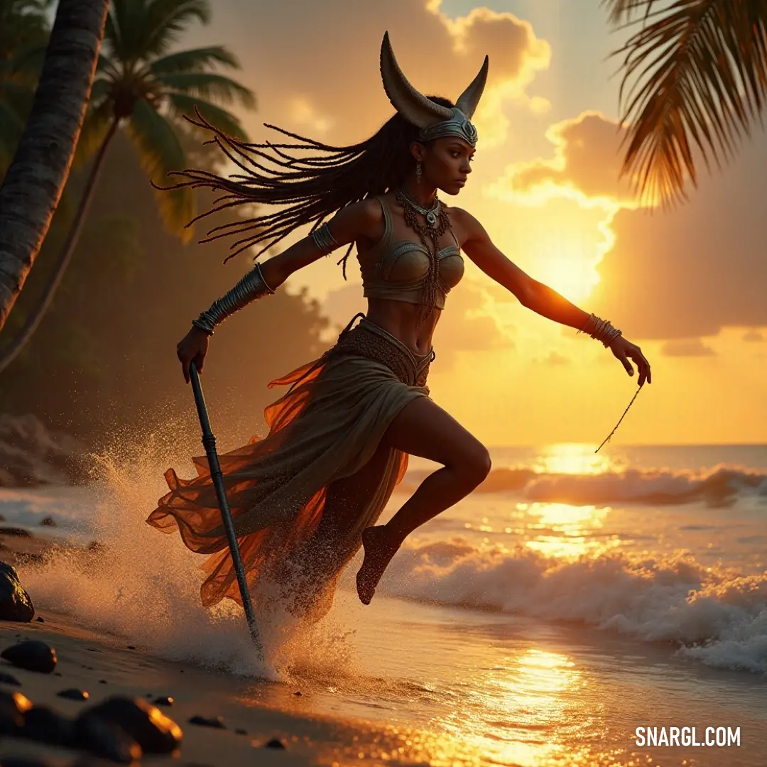 A person in a unique costume running along the beach at sunset, holding a stick and wearing a horned headdress. A person dressed in an elaborate costume races along the shoreline at sunset, the orange and pink hues of the sky reflecting on the water. They carry a stick in one hand, and a horned headdress crowns their head, adding an air of mysticism to the scene.