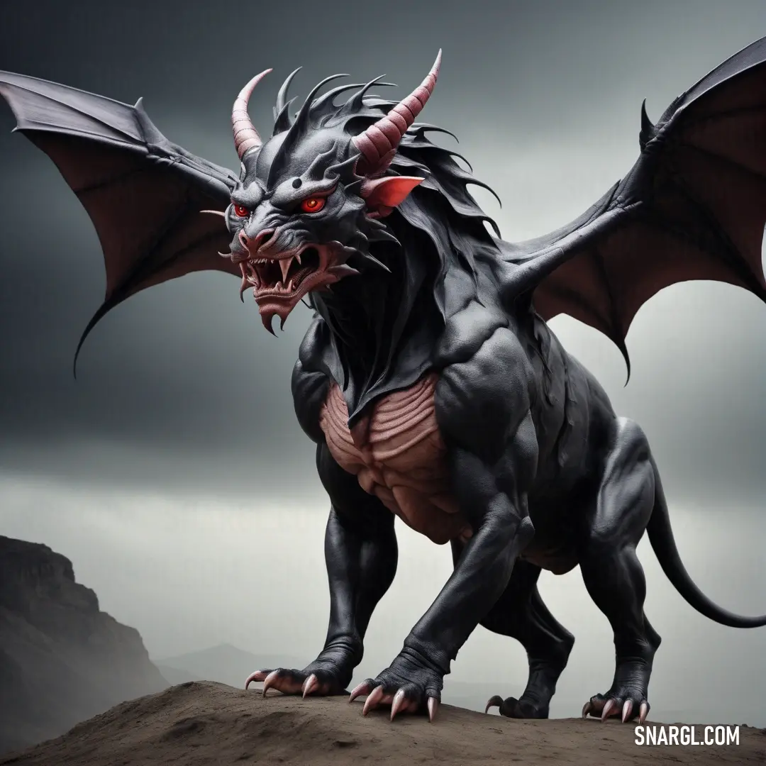 Black Chimaera with red eyes and horns on a rock with a dark sky in the background
