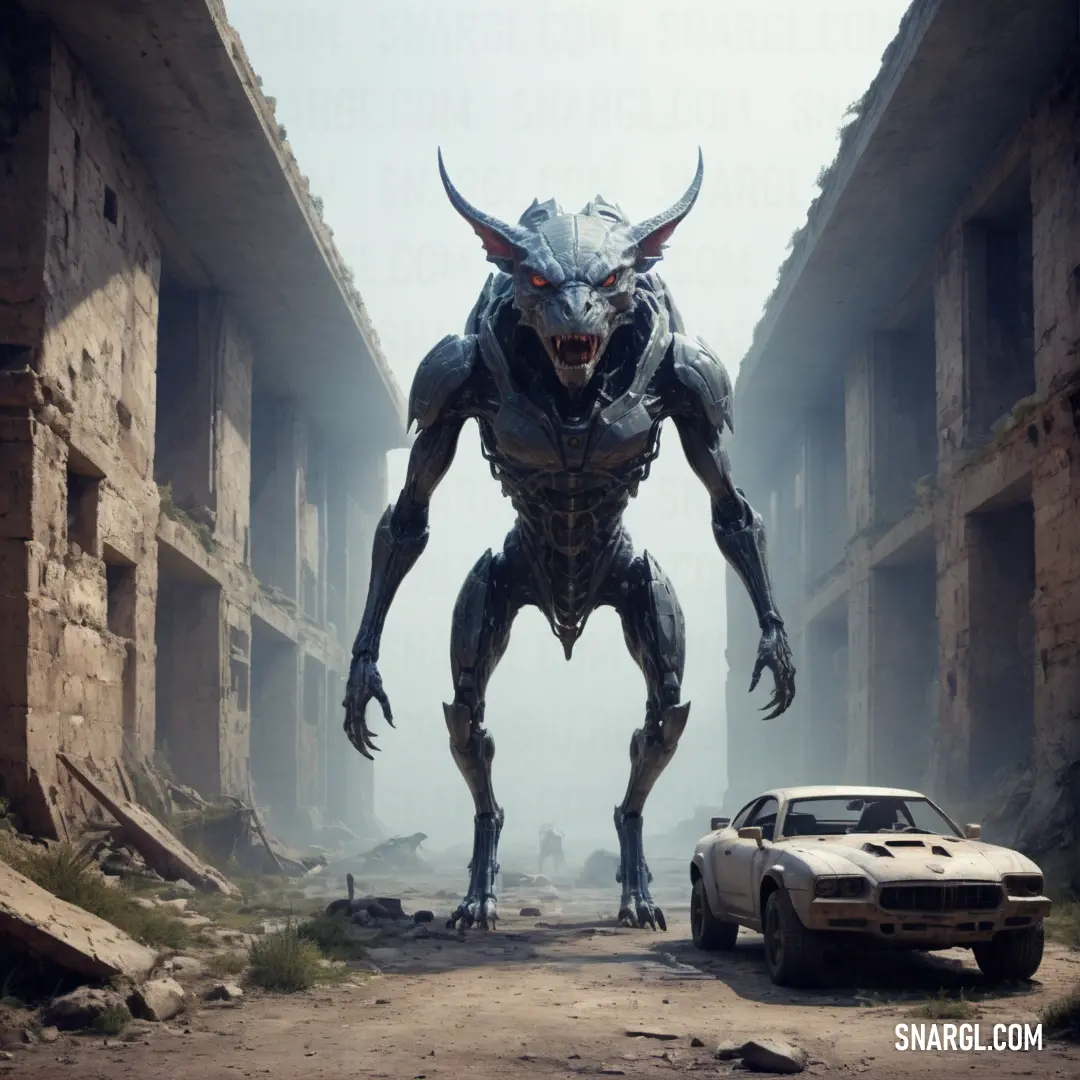 Car and a Chimaera in a dirty city street with a car in the foreground and a building in the background