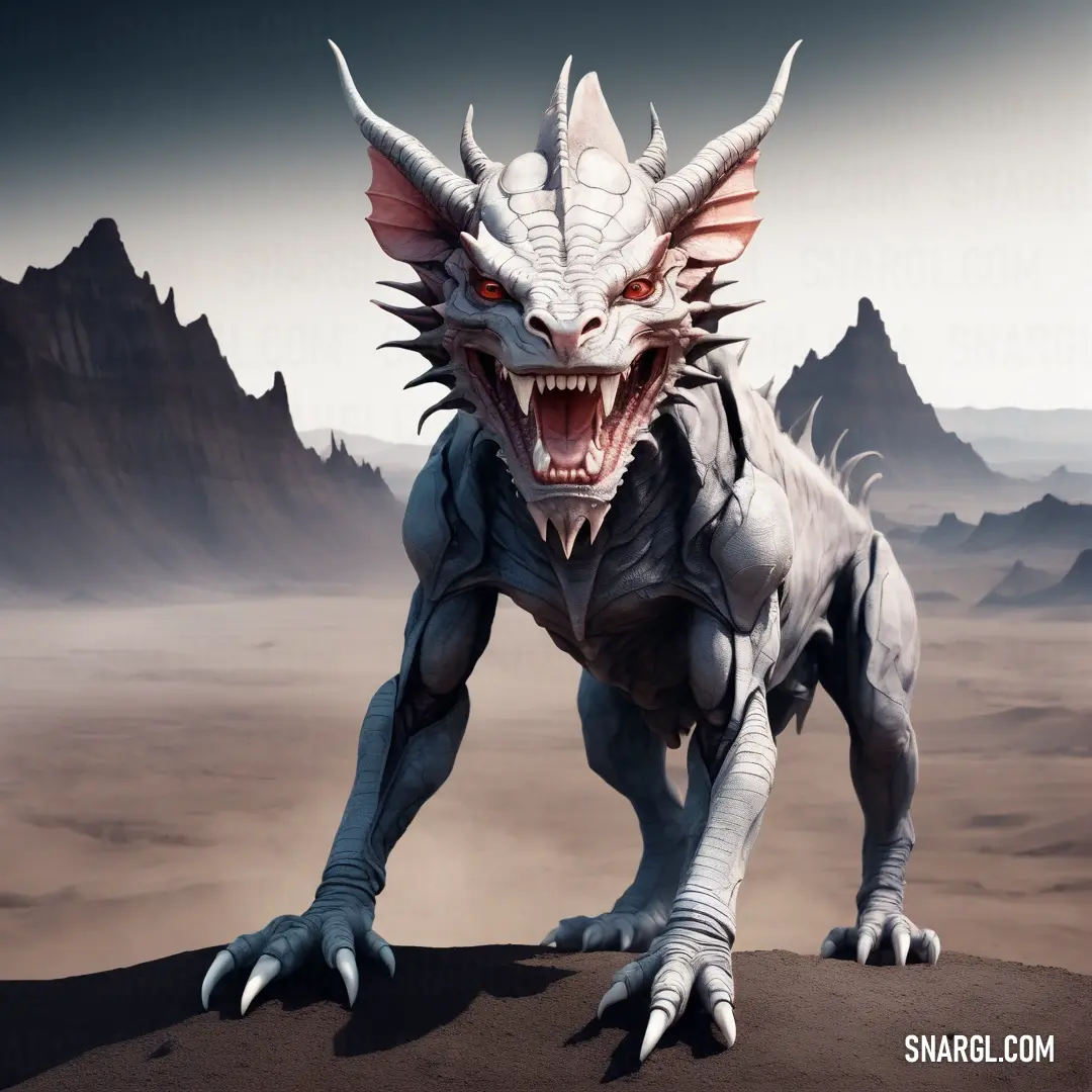 Chimaera with sharp teeth and sharp claws on a desert surface with mountains in the background