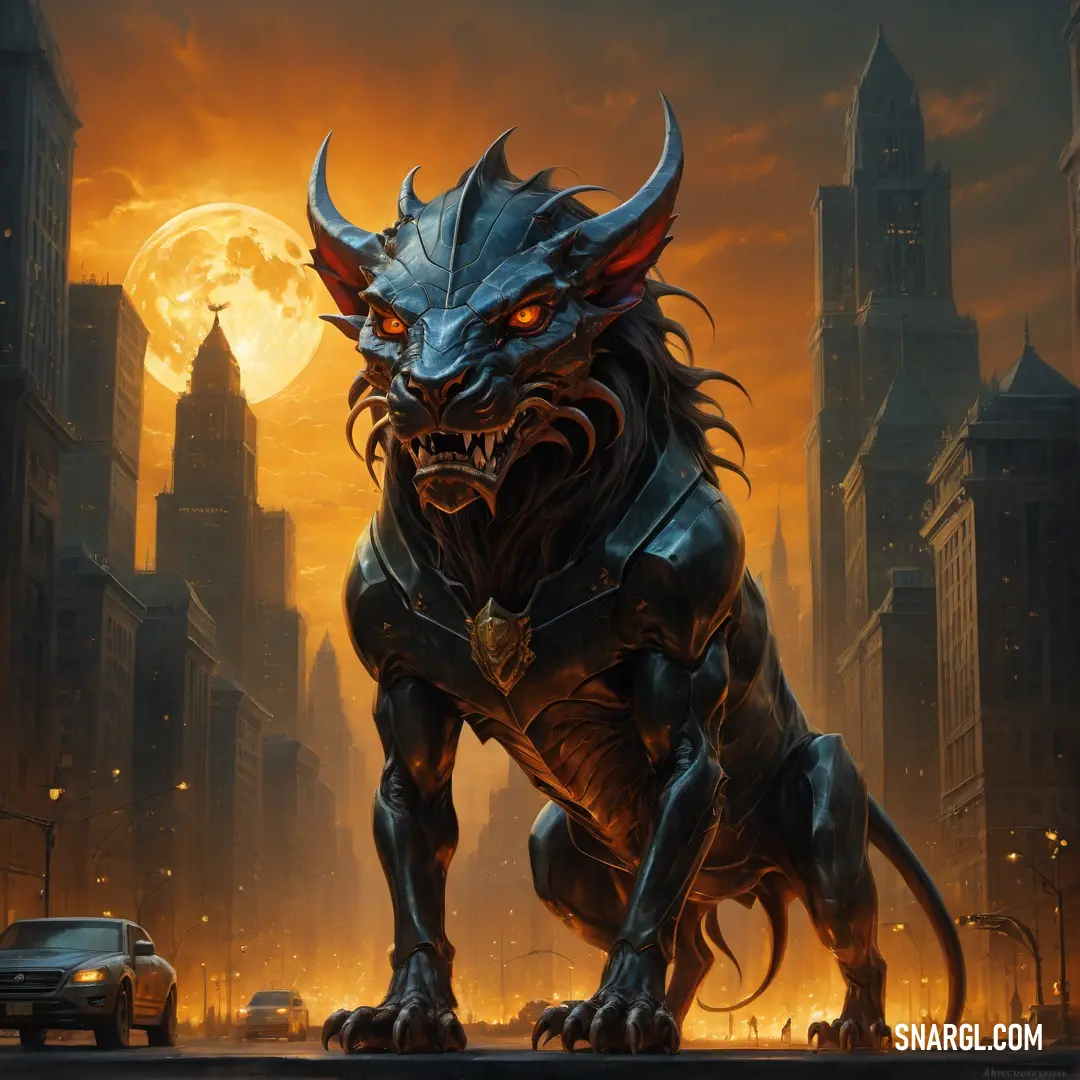 Demon like Chimaera standing in front of a city at night with a full moon in the background