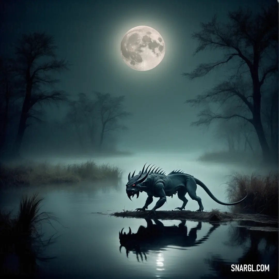 Chimaera is walking across a body of water at night with a full moon in the background and trees