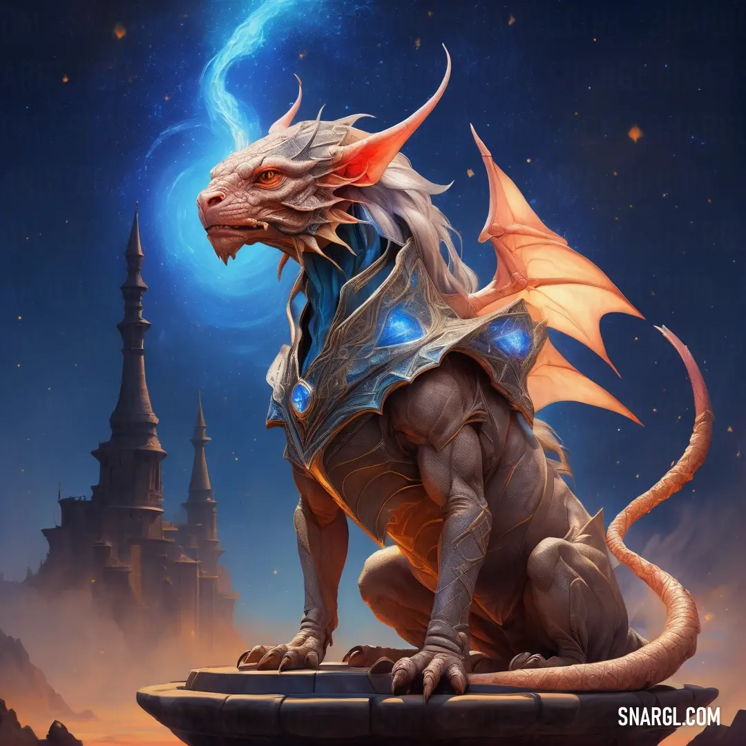 Chimaera with a blue eyes on a ledge in front of a castle at night with a full moon