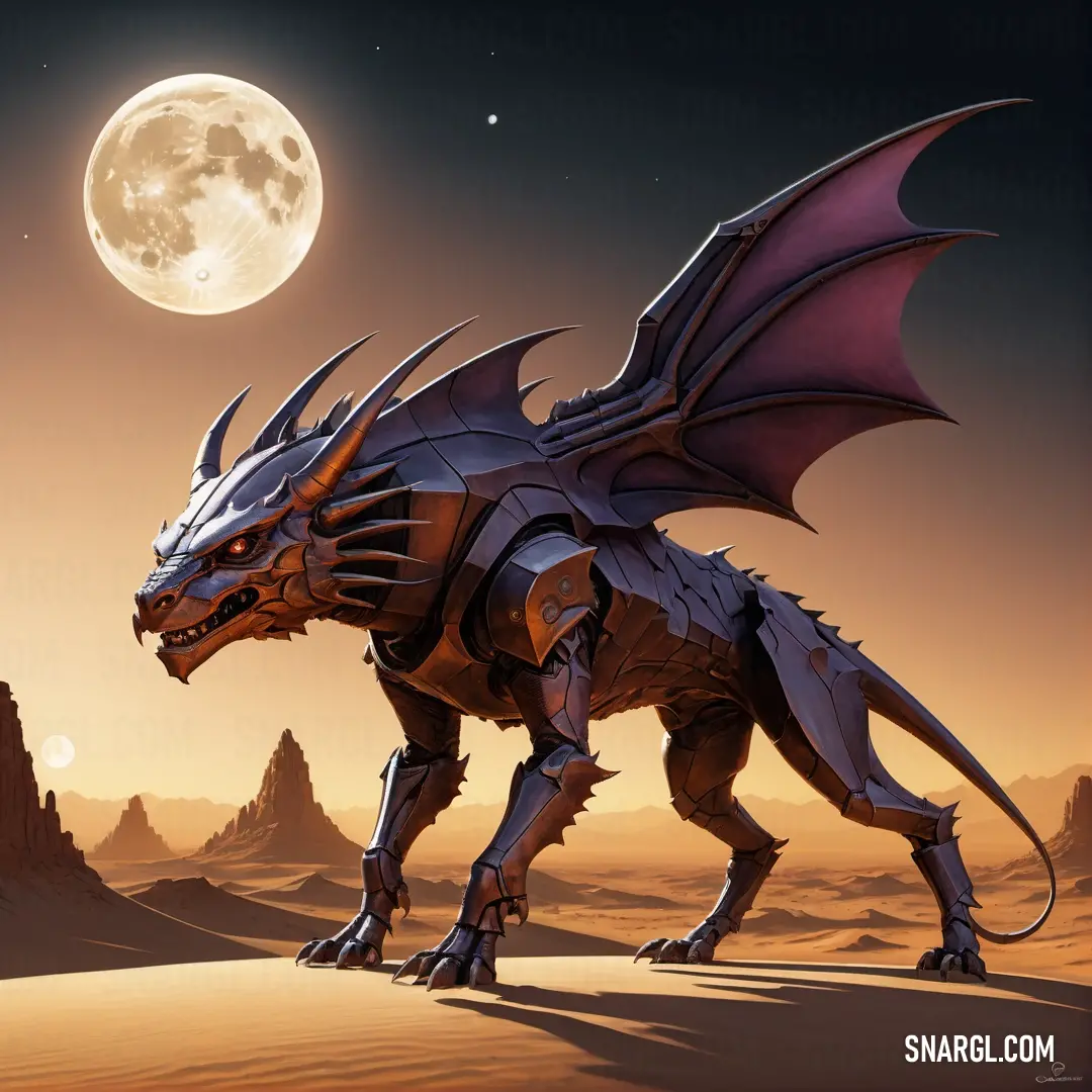 Chimaera with a full moon in the background and a desert landscape with rocks and sand