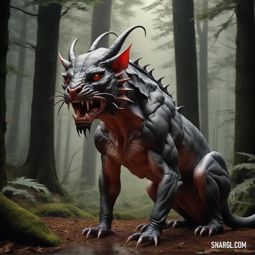 Chimaera with horns and claws on its head in the woods with trees and foggy sky in the background