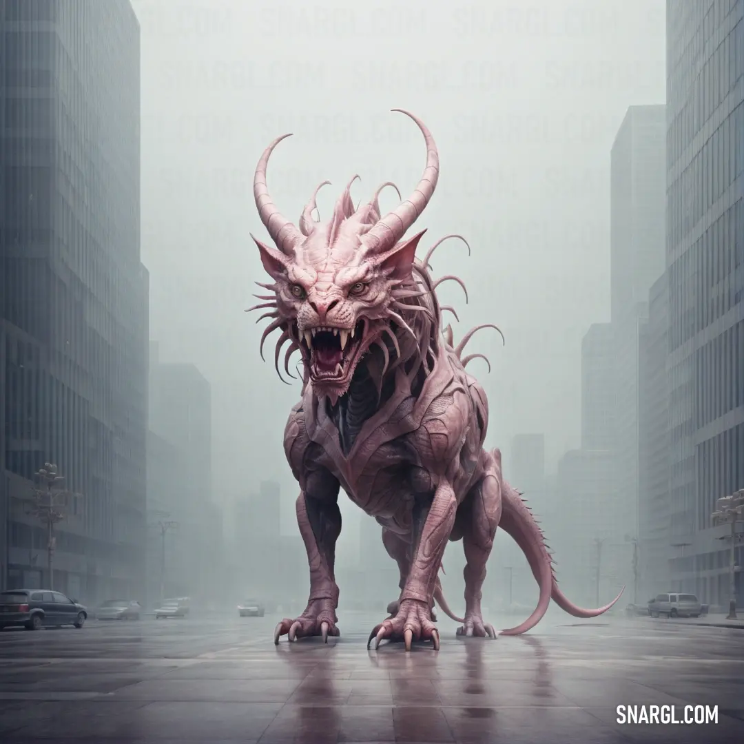 Giant Chimaera statue in a city street with tall buildings in the background
