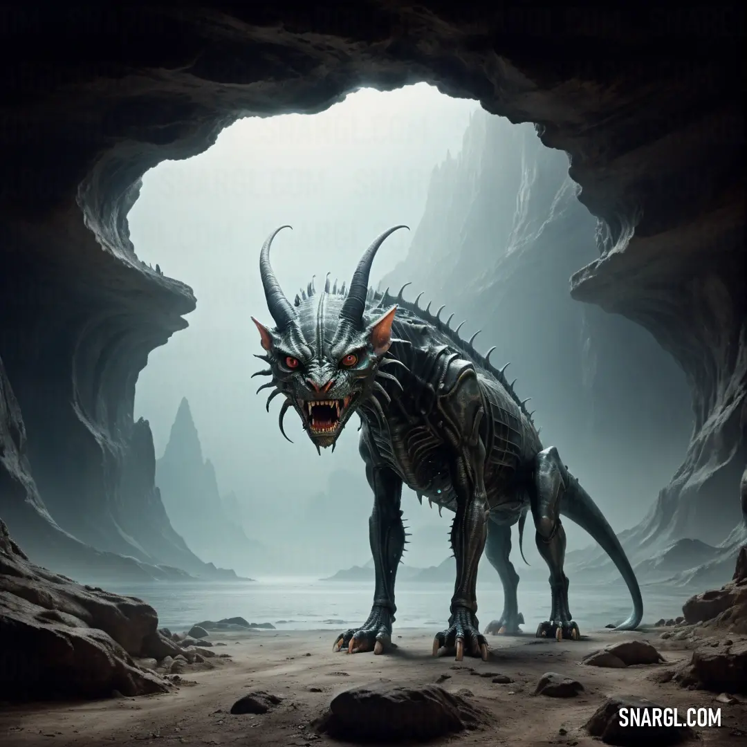 Chimaera with horns and horns standing in a cave with rocks and water in the background