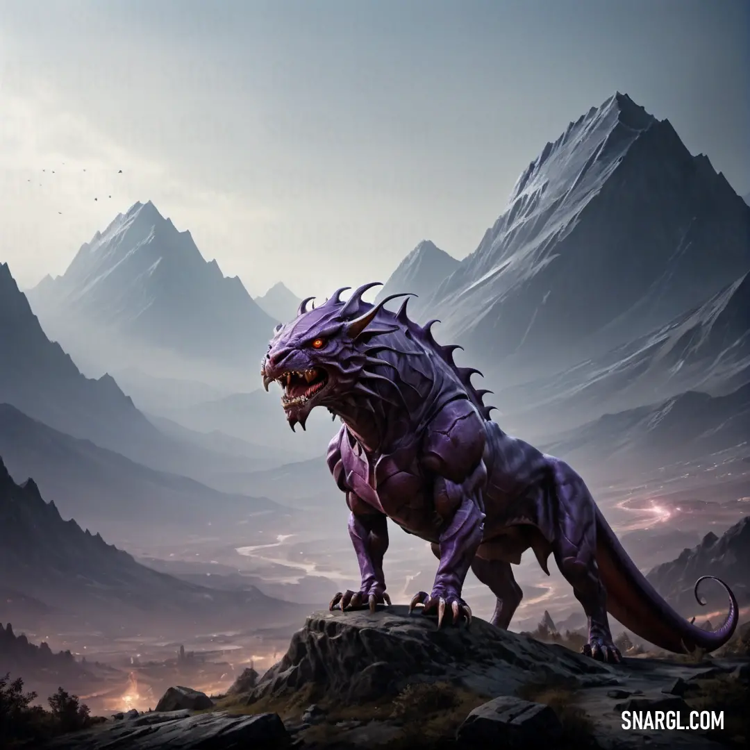 Purple Chimaera standing on top of a mountain next to a valley and mountains in the background