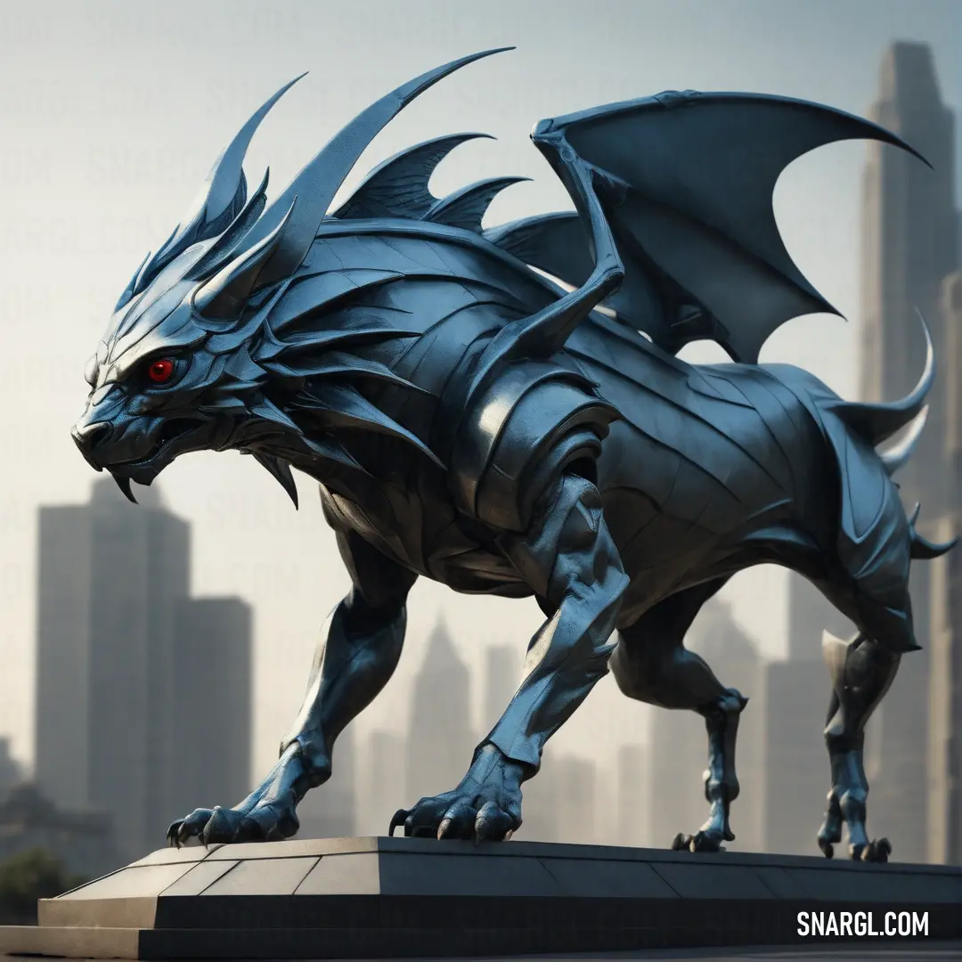 Statue of a Chimaera with red eyes in front of a city skyline with skyscrapers in the background
