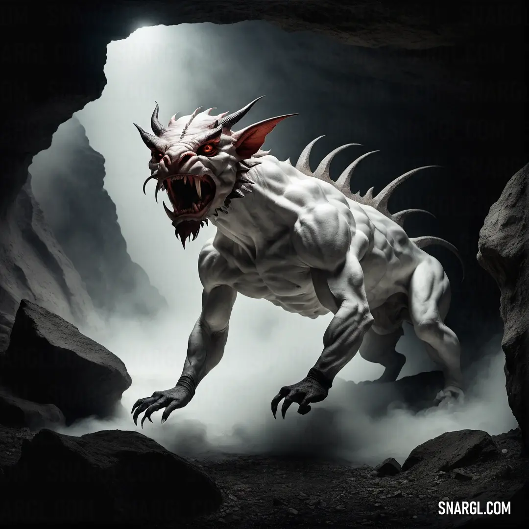 White Chimaera with large horns and sharp fangs is in a cave with rocks and a cloudy sky behind it