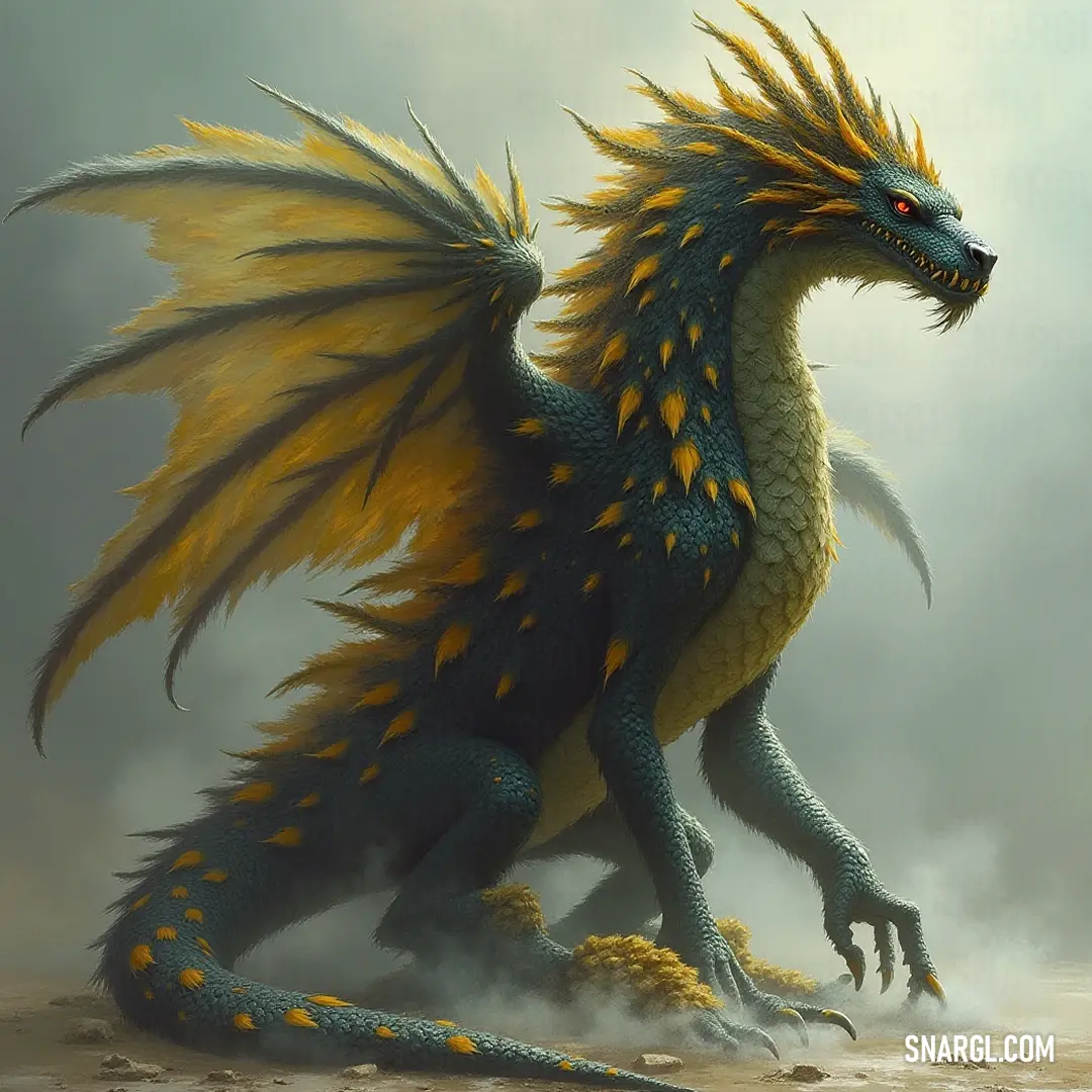 A stunning Chimerian Serpent, adorned with bright yellow feathers, proudly perched on a rock with an enchanting smoke trail rising behind it. A vibrant Chimerian Serpent adorned with bright yellow feathers stands proudly atop a rock, with a surreal smoke trail spiraling into the air, enhancing its mystique and elegance.