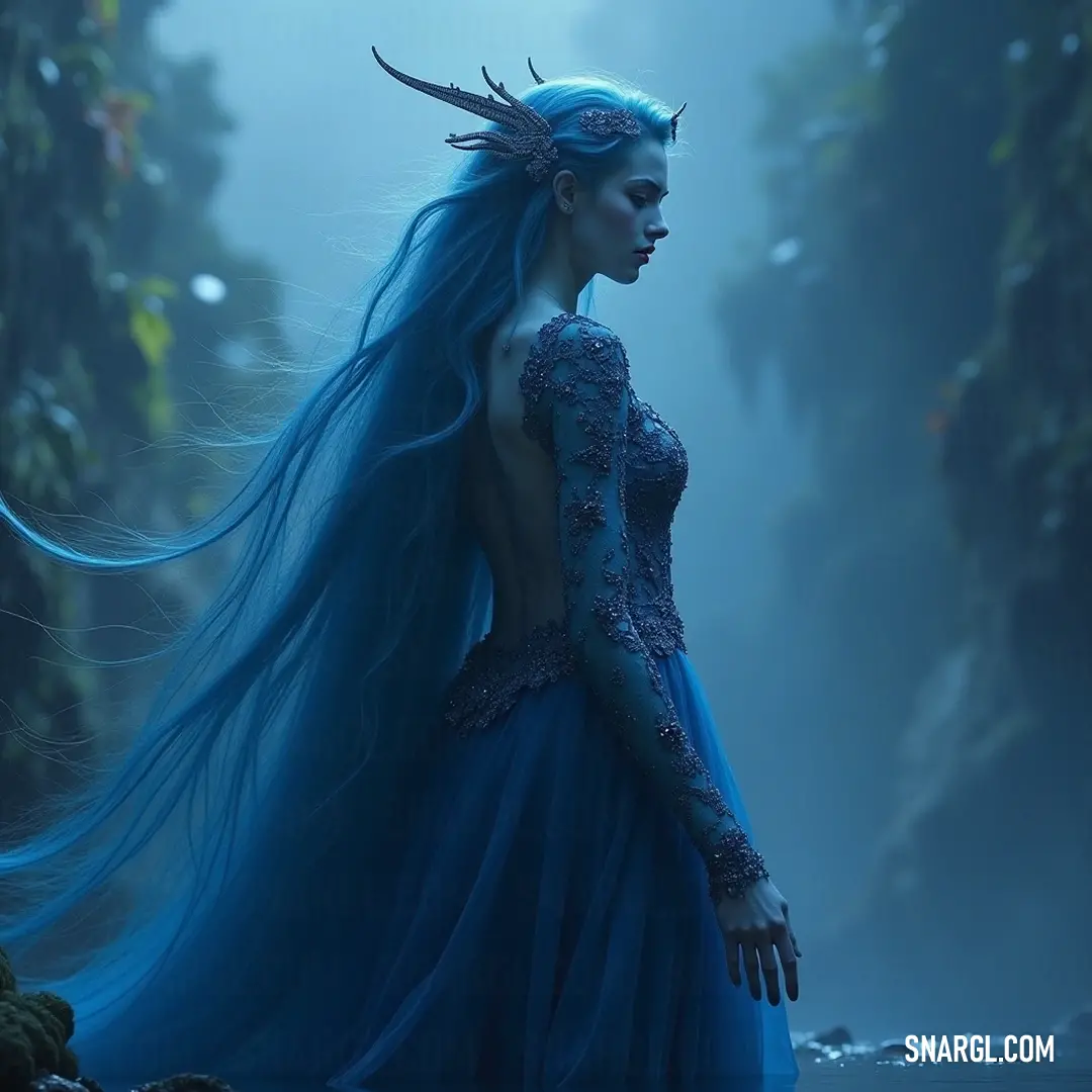 Chione, boasting long blue hair and elegant horns, radiates beauty in her flowing blue dress, surrounded by a mesmerizing forest filled with rocks and a gentle stream, embodying harmony and grace.