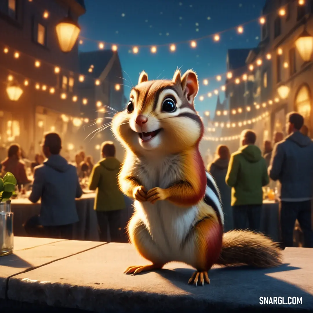 Cartoon squirrel is standing on a ledge in front of a crowd of people at a party with lights strung up in the background