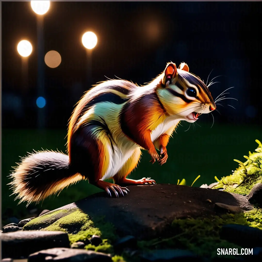 Small Chipmunk standing on top of a rock near a light pole and grass covered ground with lights in the background