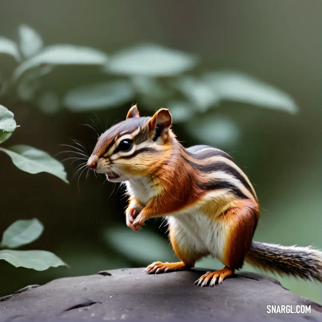 Small chipmun is standing on a rock and looking at the camera with a blurry background