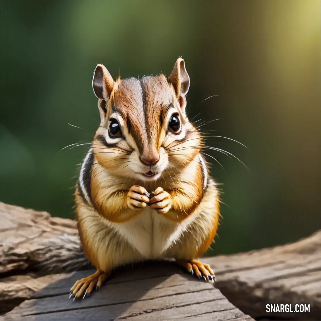 Small chipper on top of a wooden log with its paws crossed and eyes wide open