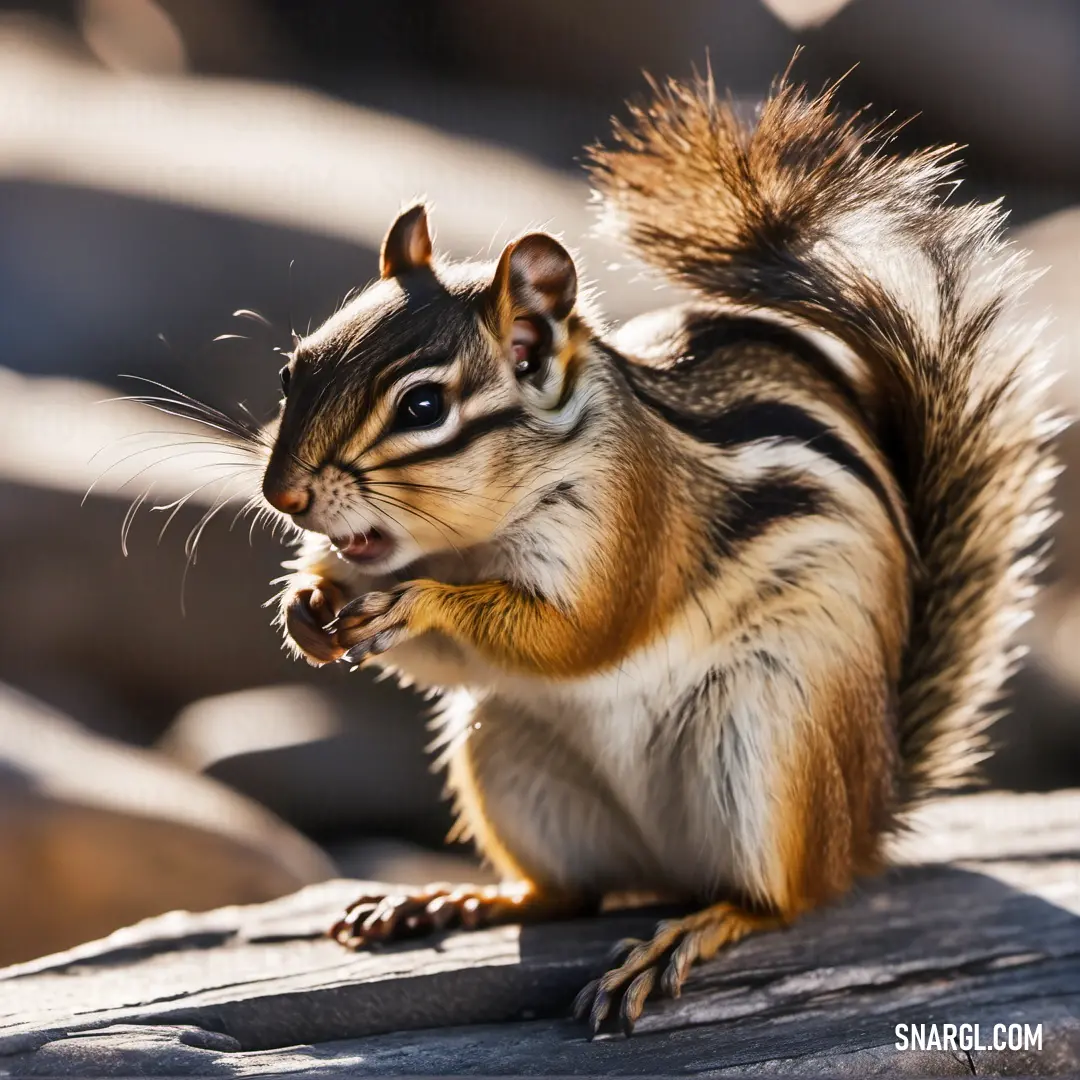 Small squirrel is standing on a rock eating something in its mouth and looking at the camera with a wide open mouth